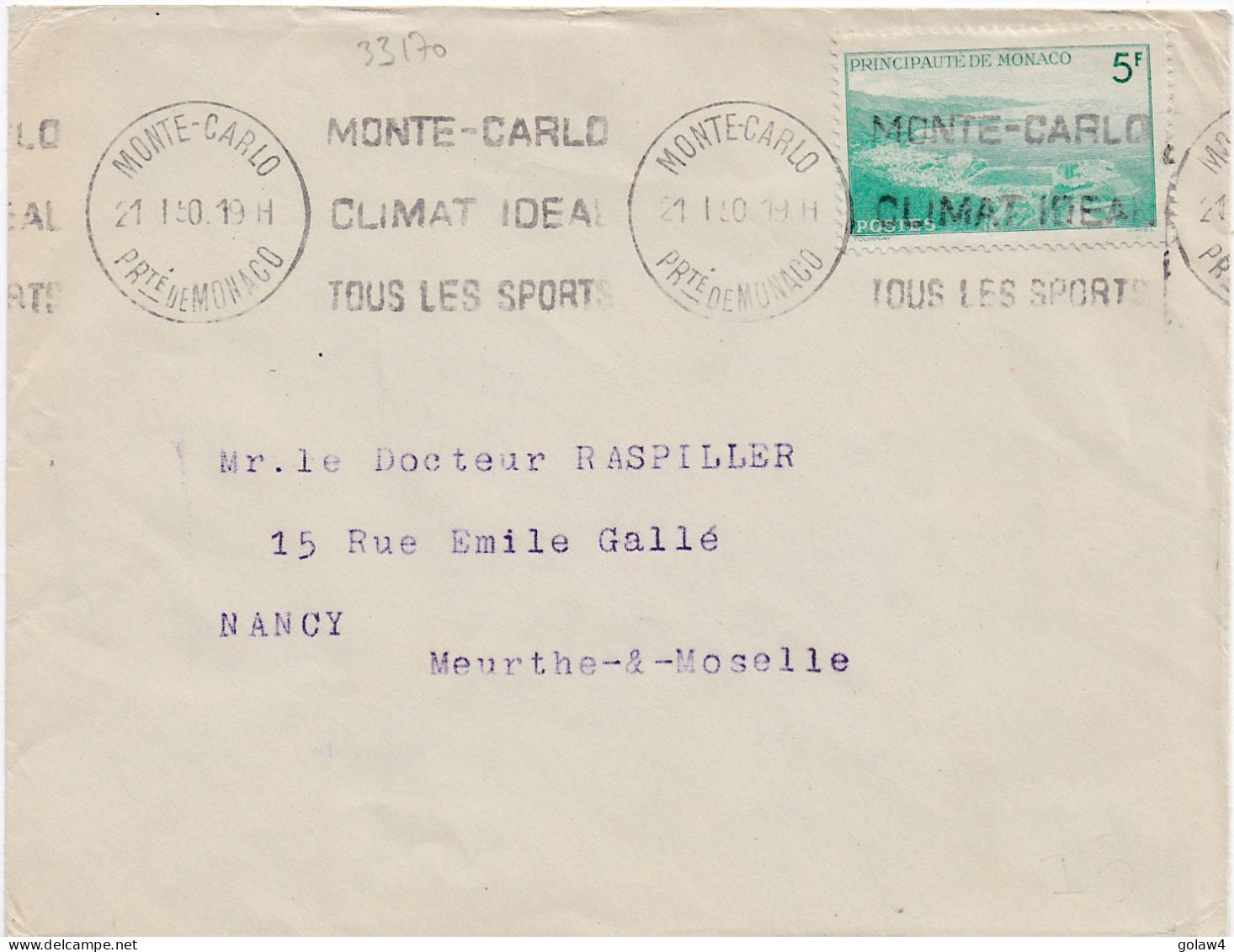 33170# N°346 SEUL LETTRE Obl MONTE CARLO PRINCIPAUTE DE MONACO 1950 CLIMAT IDEAL TOUS LES SPORTS NANCY MEURTHE - Lettres & Documents