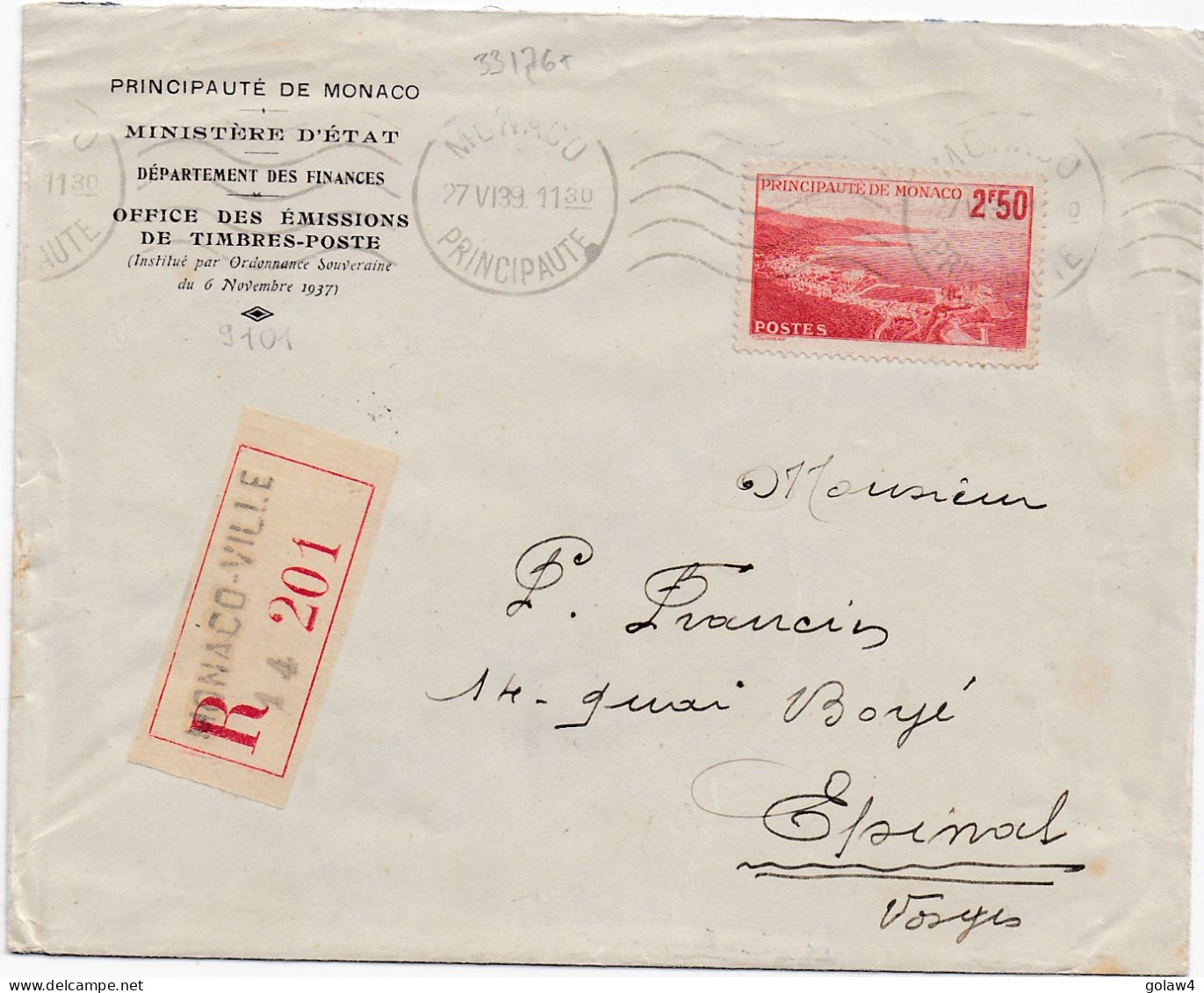 33176# N°183 SEUL LETTRE RECOMMANDE Obl MONACO PRINCIPAUTE 1939 EPINAL VOSGES Cote 60 Euros - Lettres & Documents