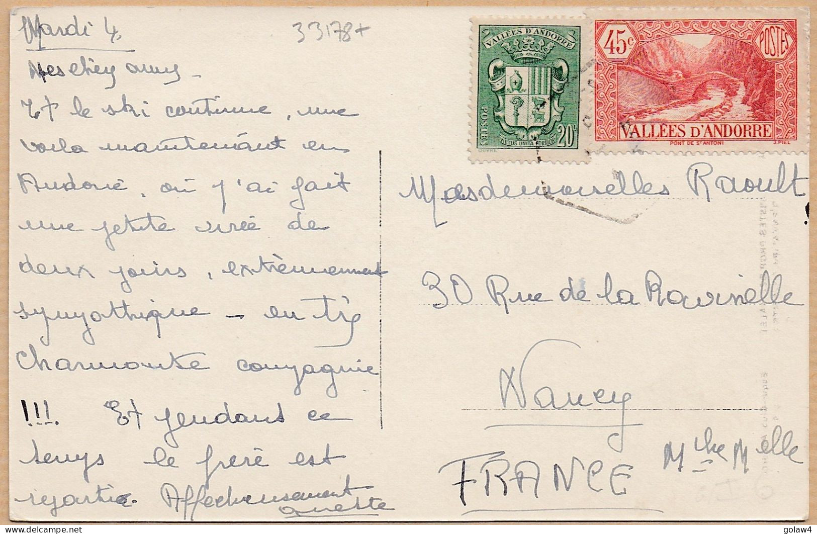 33178# ANDORRE CARTE POSTALE ENVALIRA VALIS ANDORRA NANCY MEURTHE MOSELLE - Covers & Documents