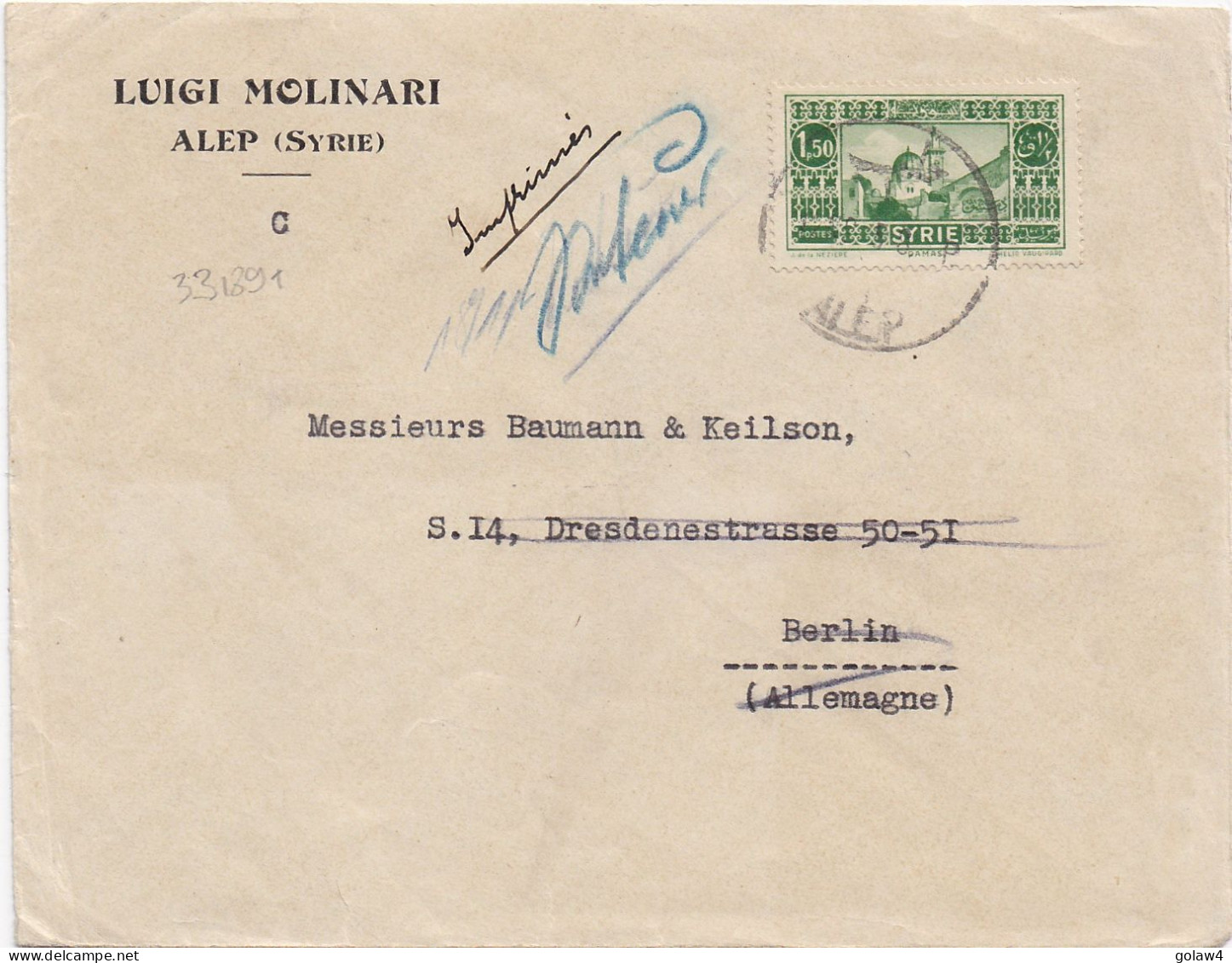 33189# SYRIE LETTRE TARIF IMPRIME Obl ALEP 1935 Pour BERLIN PARTI SANS LAISSER D'ADRESSE ETIQUETTE - Lettres & Documents