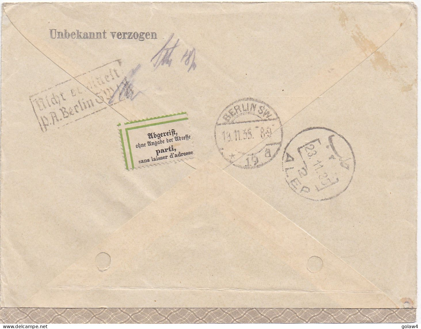 33189# SYRIE LETTRE TARIF IMPRIME Obl ALEP 1935 Pour BERLIN PARTI SANS LAISSER D'ADRESSE ETIQUETTE - Lettres & Documents