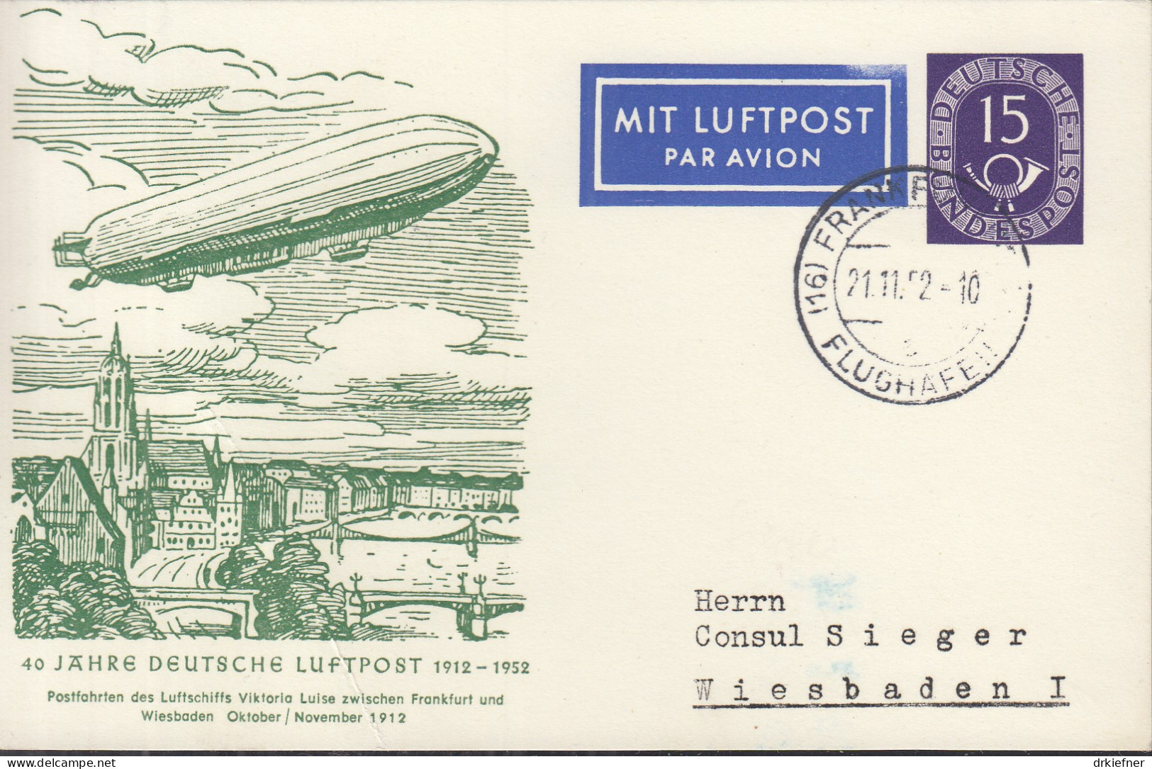 BRD  PP 4, 40 Jahre Deutsche Luftpost, Gestempelt: Frankfurt Flughafen 21.11.1952 - Postales Privados - Usados