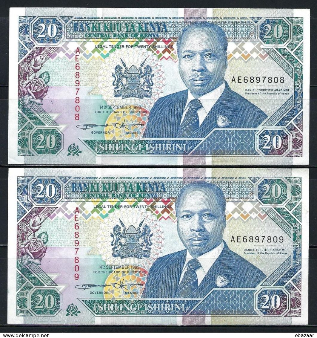 1993 Kenya 2 Consecutive Banknotes 20 Shillings P-31a AUNC-UNC - Kenia