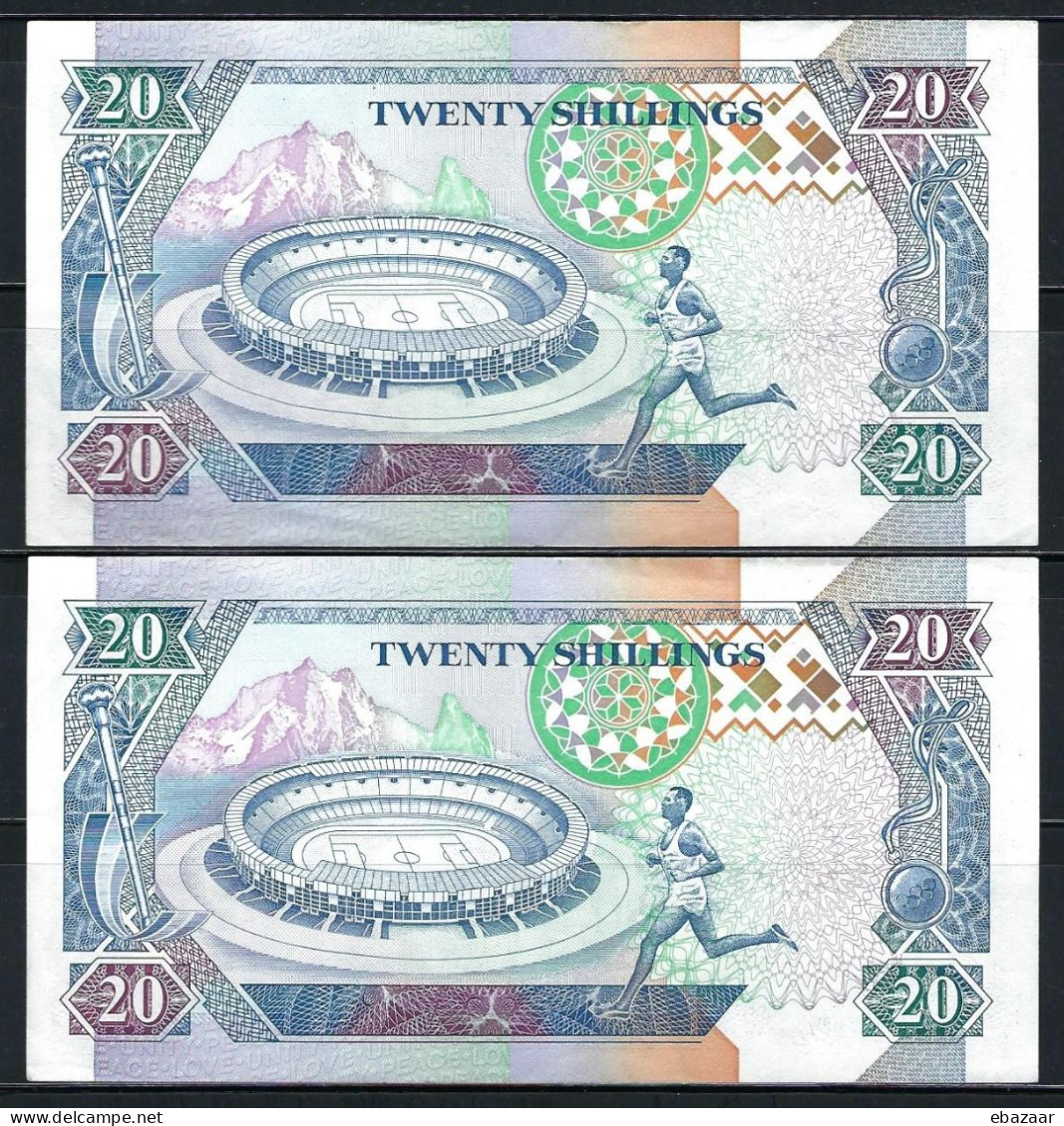 1993 Kenya 2 Consecutive Banknotes 20 Shillings P-31a AUNC-UNC - Kenia