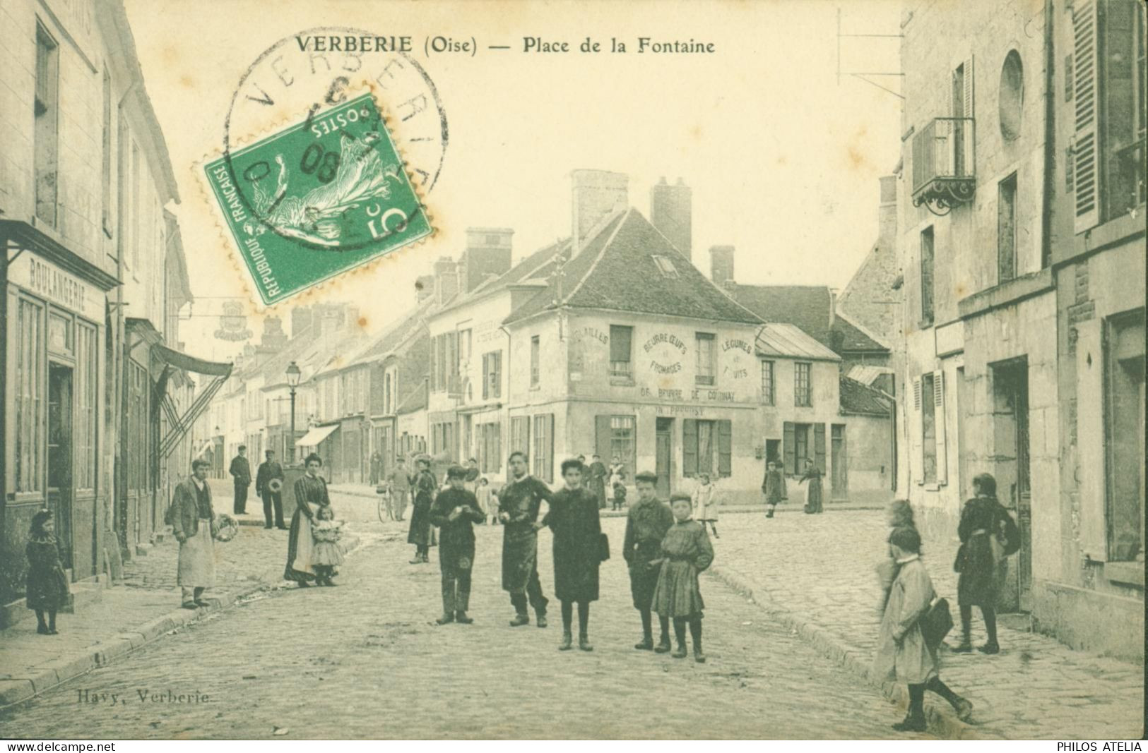 CPA CP Carte Postale France Oise > Verberie Place De La Fontaine Groupe D'enfants Belle Animation Boulangerie CAD 1908 - Verberie