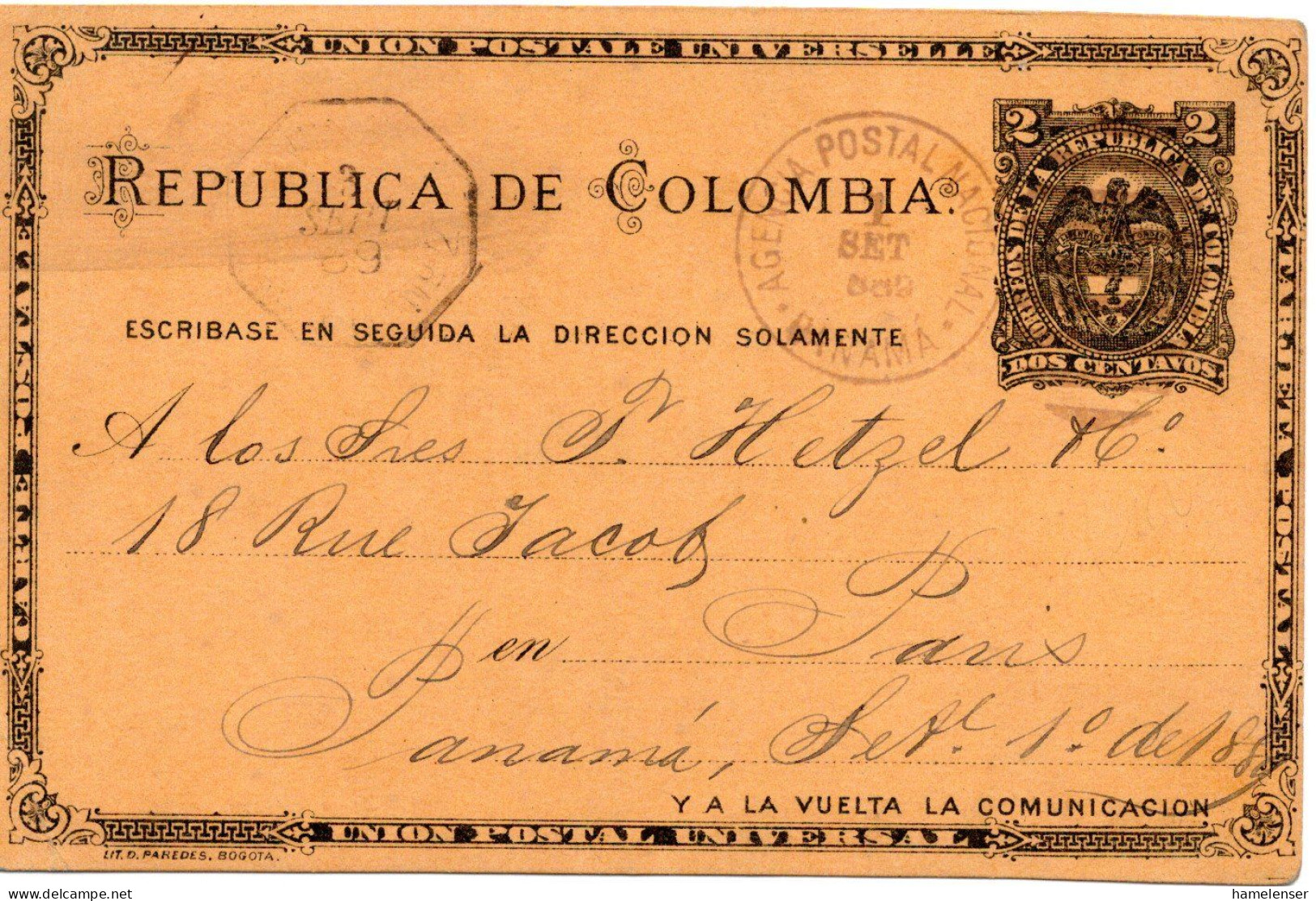 67618 - Kolumbien - 1889 - 2c Wappen GAKte AGENCIA POSTAL NACIONAL PANAMA -> Frankreich - Kolumbien