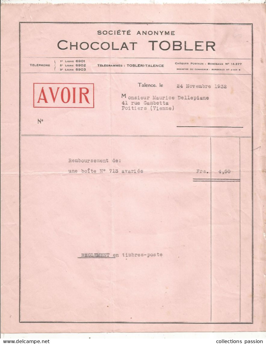 Facture, Avoir, CHOCOLAT TOBLER, TALENCE, 1932, Frais Fr 1.75 E - Alimentaire
