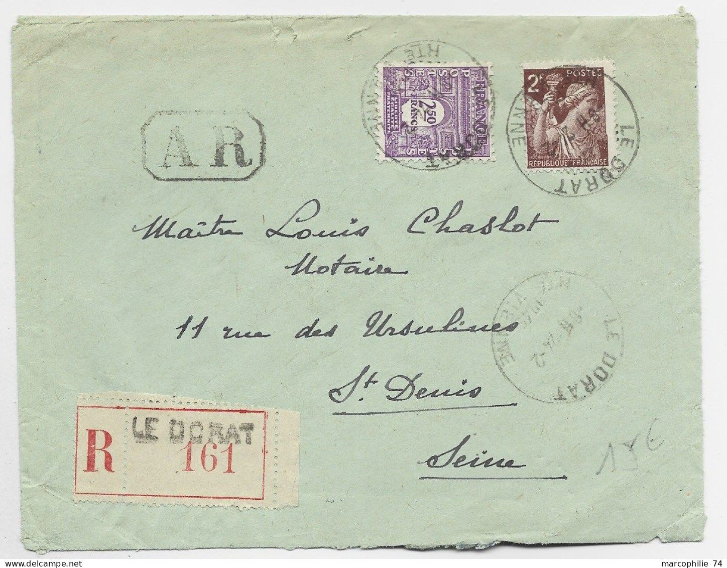 FRANCE ARC TRIOMPHE 2FR50 +2FR IRIS  LETTRE COVER REC AR LE DORAT 22.2.1945 HTE VIENNE AU TARIF - 1944-45 Arc De Triomphe