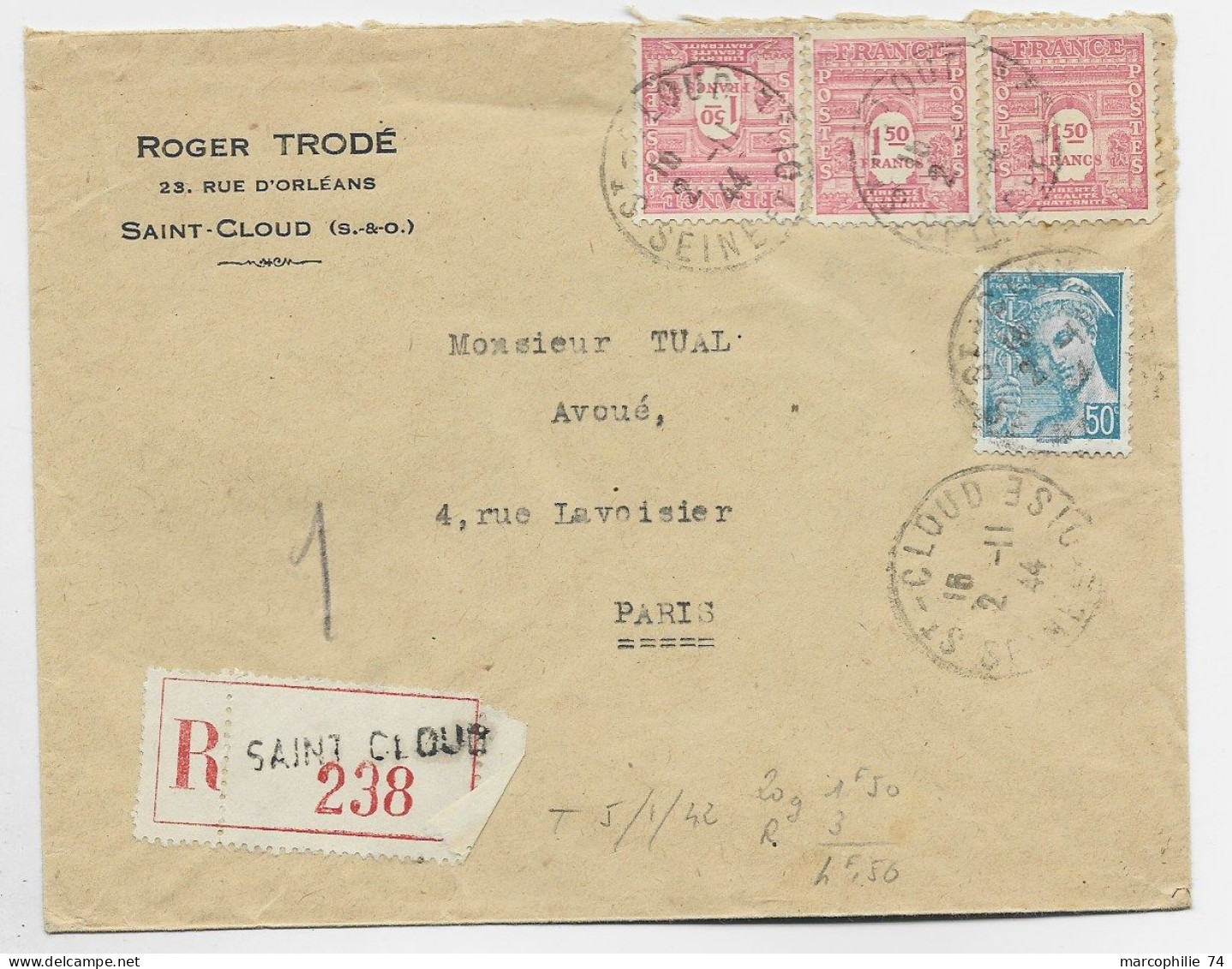 FRANCE ARC TRIOMPHE 1FR50 ROSEX3+50C MERCURE LETTRE COVER REC SAINT CLOUD 2.11.1944 AU TARIF - 1944-45 Arc Of Triomphe