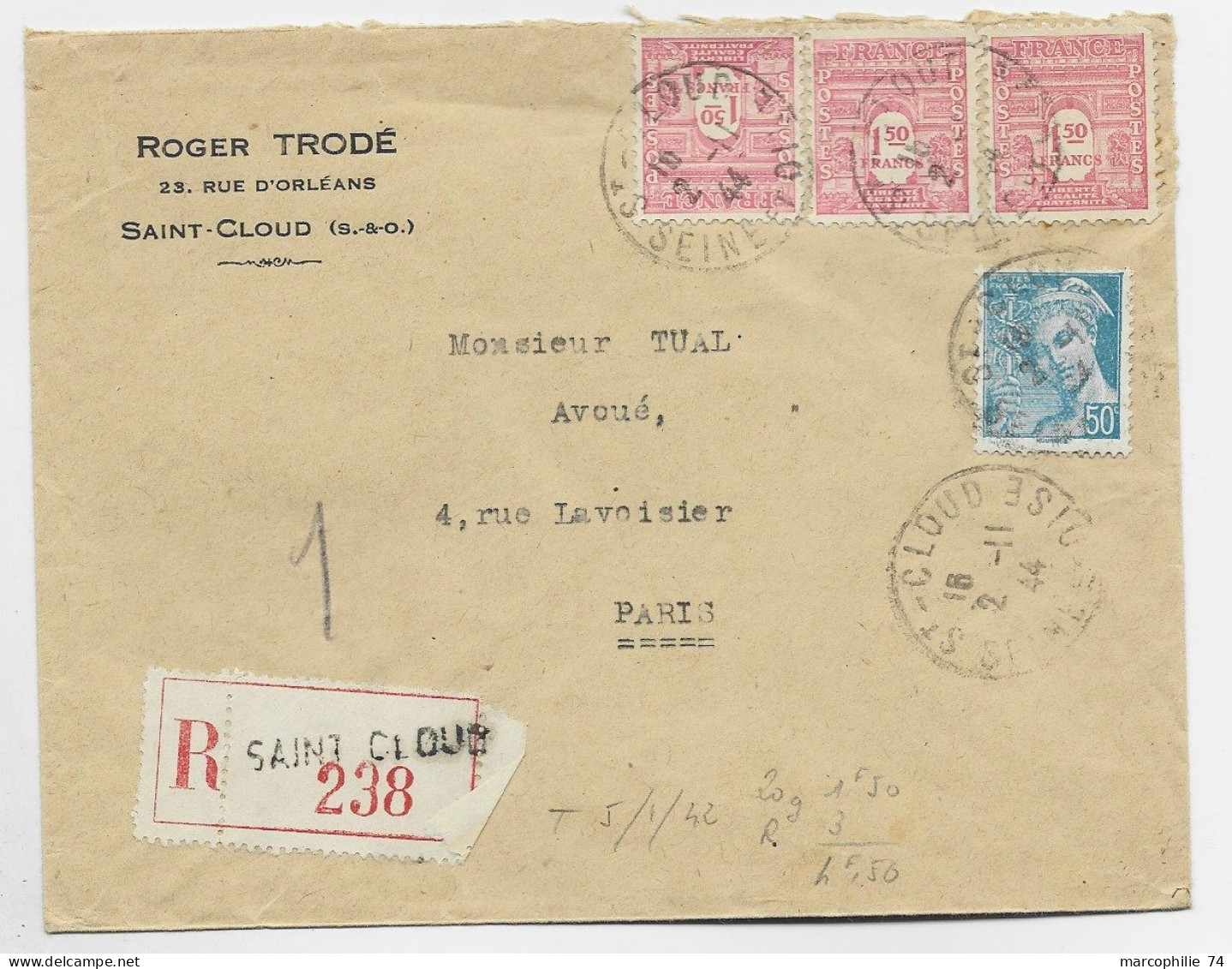FRANCE ARC TRIOMPHE 1FR50 ROSEX3+50C MERCURE LETTRE COVER REC SAINT CLOUD 2.11.1944 AU TARIF - 1944-45 Arc De Triomphe