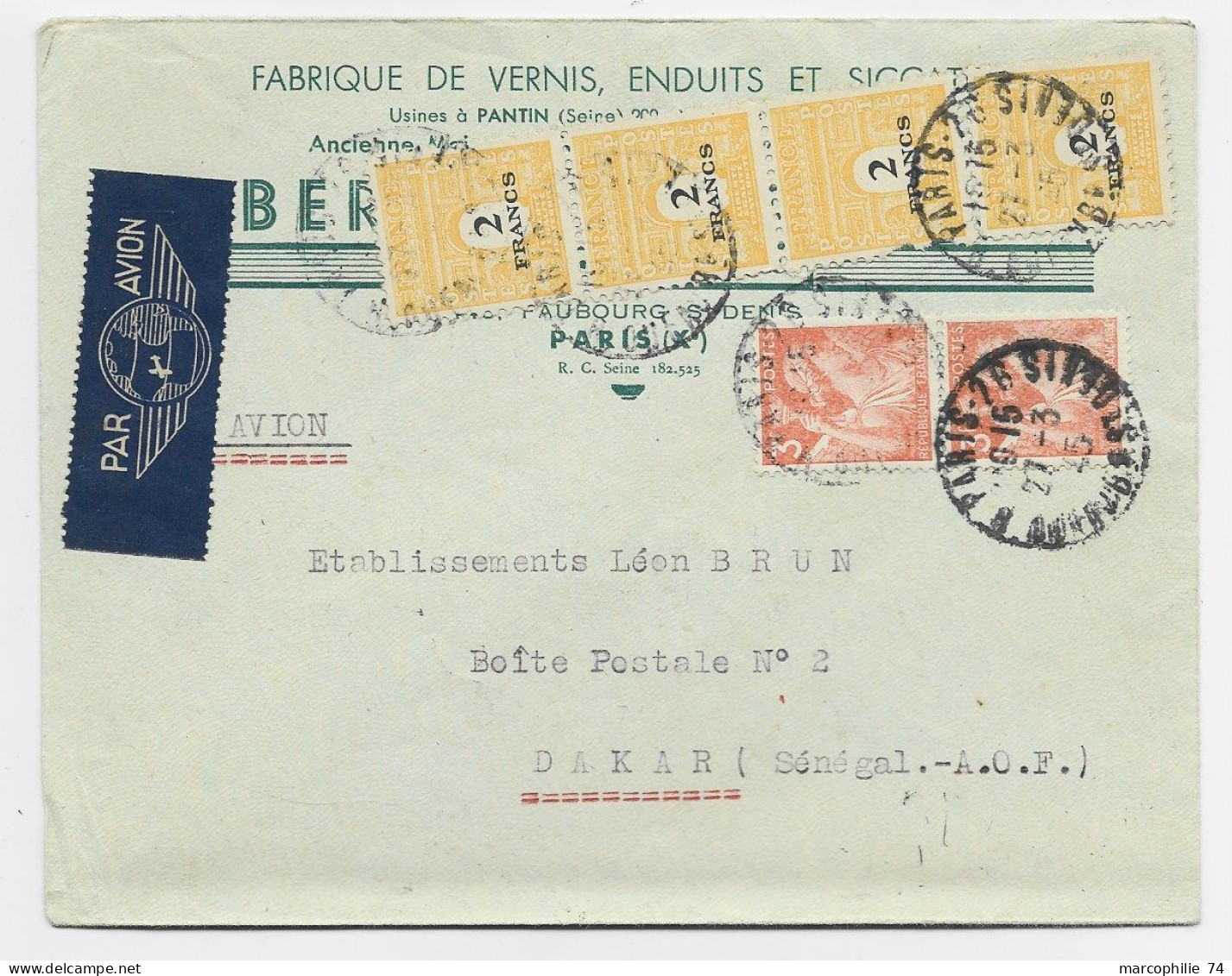 FRANCE ARC TRIOMPHE 2FRX4+ 3FR IRISX2  LETTRE COVER AVION PARIS 27.3.1945 POUR DAKAR SENEGAL AU TARIF - 1944-45 Triomfboog