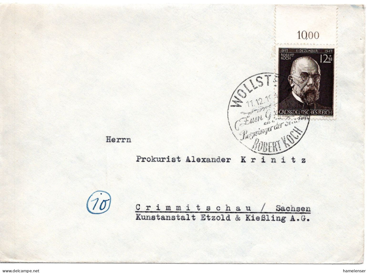 58704 - Deutsches Reich - 1943 - 12Pfg Robert Koch EF A Bf SoStpl WOLLSTEIN - ... ROBERT KOCH -> Crimmitschau - Médecine