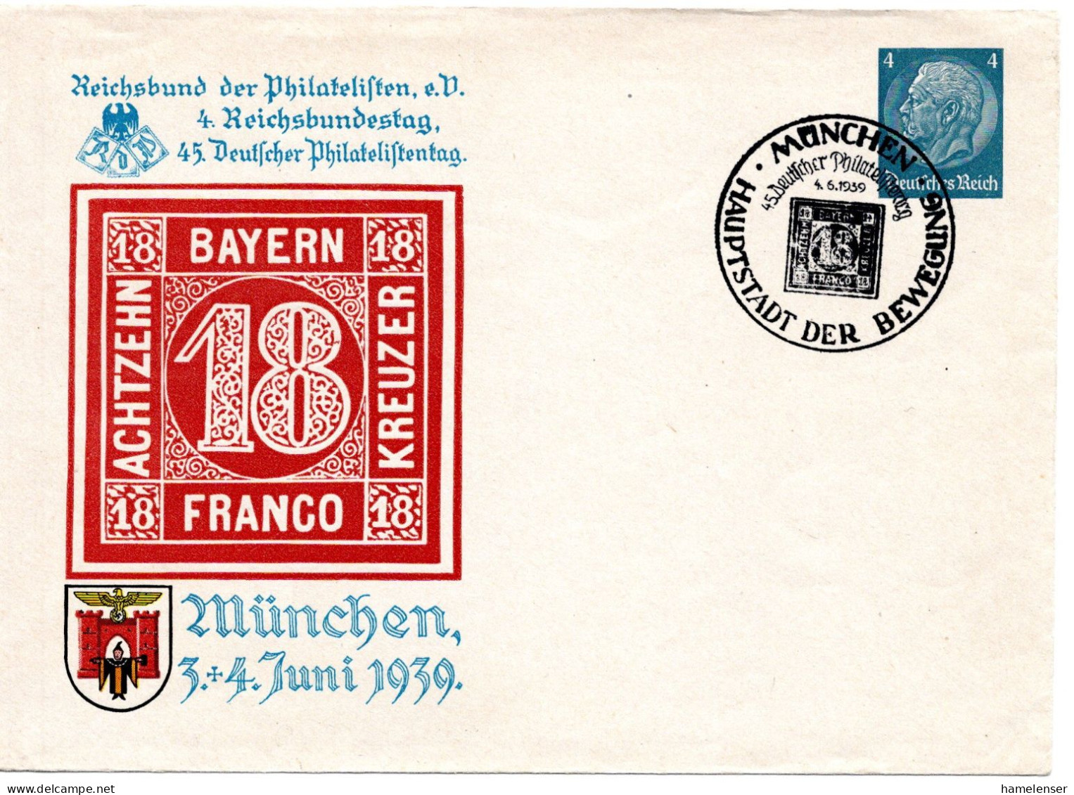 58720 - Deutsches Reich - 1939 - 4Pfg Hindenburg PGAUmschlag "45. Deutscher Philatelistentag", SoStpl MUENCHEN - ... - Stamps On Stamps