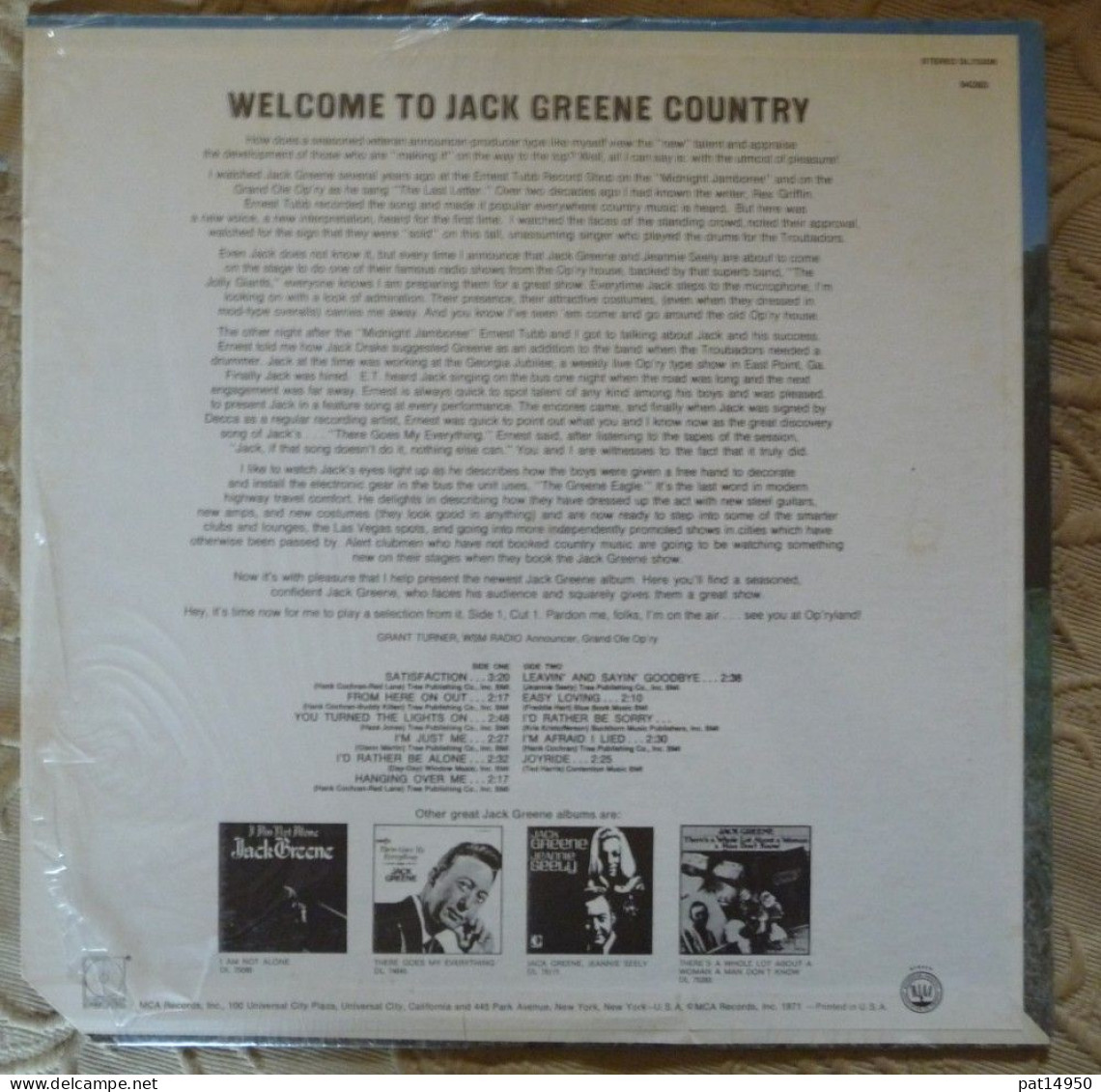 PAT14950 DISQUE VINYLE 33T JACK GREENE  " GREENE COUNTRY "   1971 MCA Import USA - Country & Folk