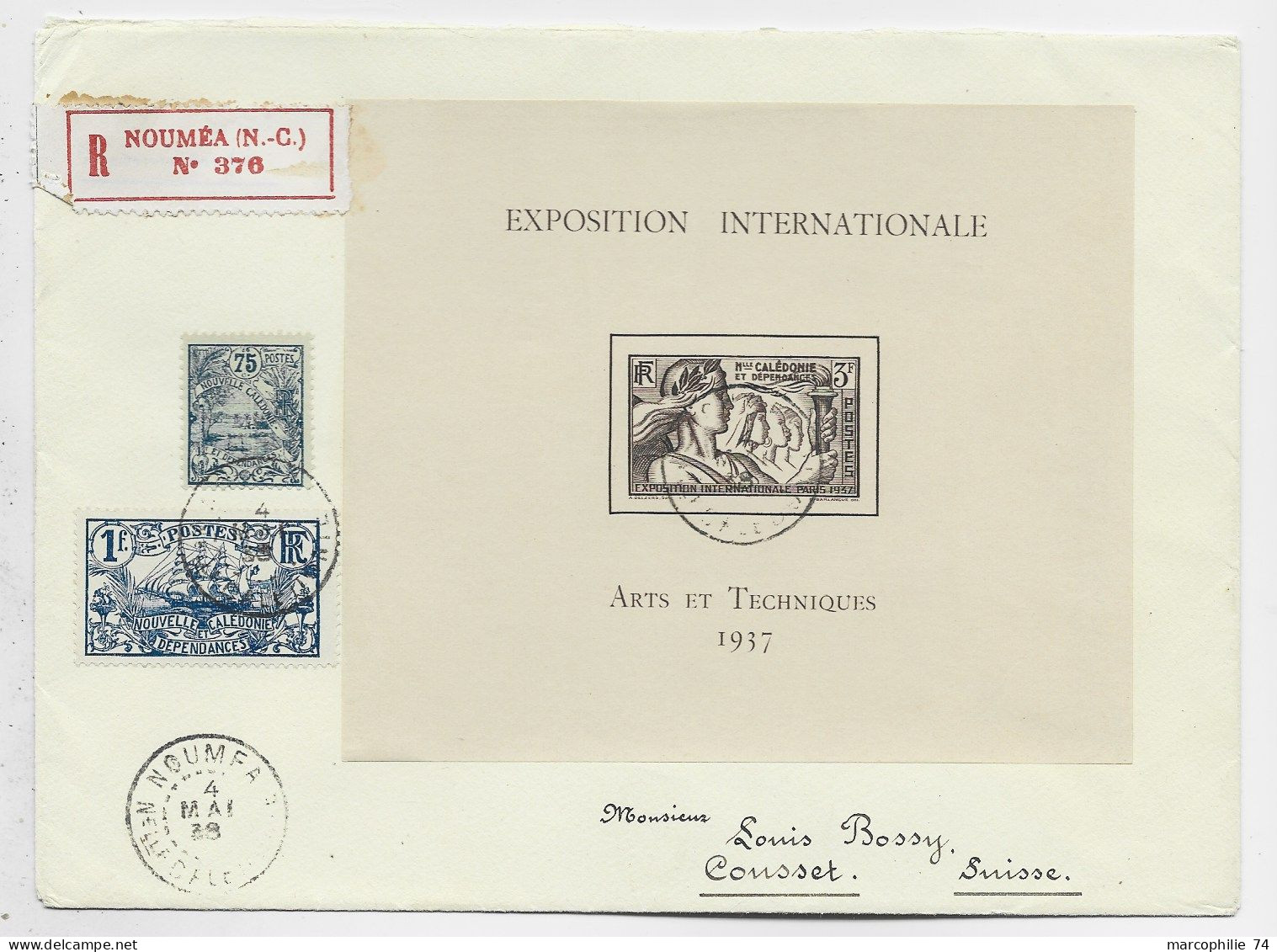 NOUVELLE CALEDONIE BLOC EXPO INTERNATIONALE ARTS TECHNIQUE 1937 + 75C+1FR LETTRE COVER REC NOUMEA 4 MAI 1935 TO SUISSE - Cartas & Documentos