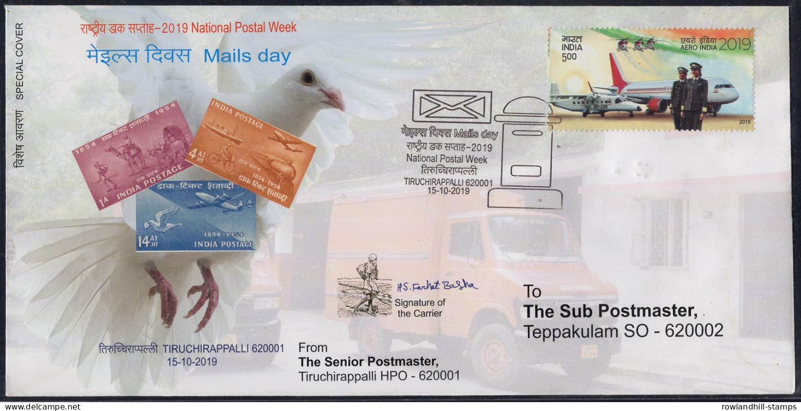 India, 2019, Special Cover, CARRIED Cover, National Postal Week, Mails Day, Carrier Signature, Tiruchirappalli, Inde C23 - Briefe U. Dokumente