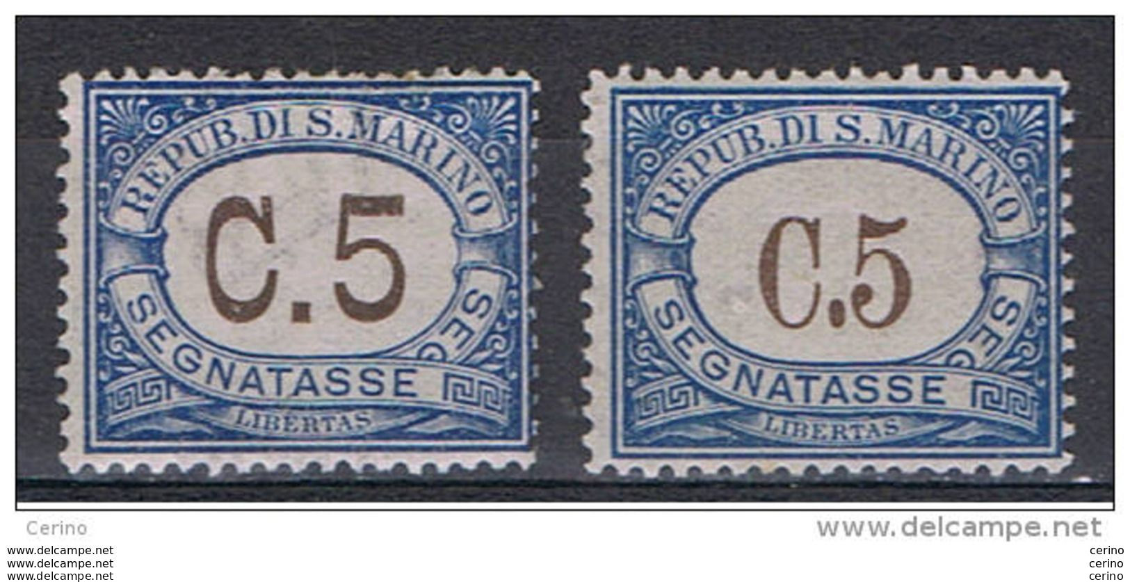 SAN  MARINO:  1925/39  TASSE  -  5 C. AZZURRO  2  TIPI  N. -  SASS. 19 + 54 - Timbres-taxe