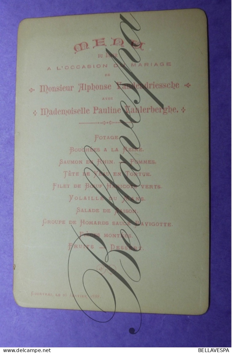 Menu X 2 / Mariage Trouw Feestmaal  Alphonse VANDENDRIESSCHE Pauline Vanlerberghe Kortrijk 1988 - Menus