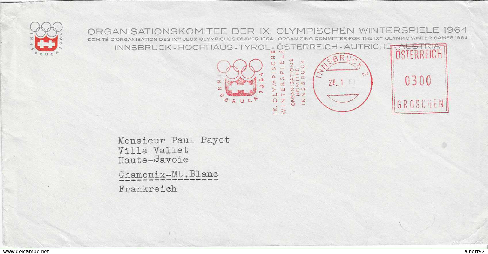 1964 EMA Jeux Olympiques D'Hiver De Innsbruck (  Lettre Siglée Du Comité D'Organisation) - Winter 1964: Innsbruck
