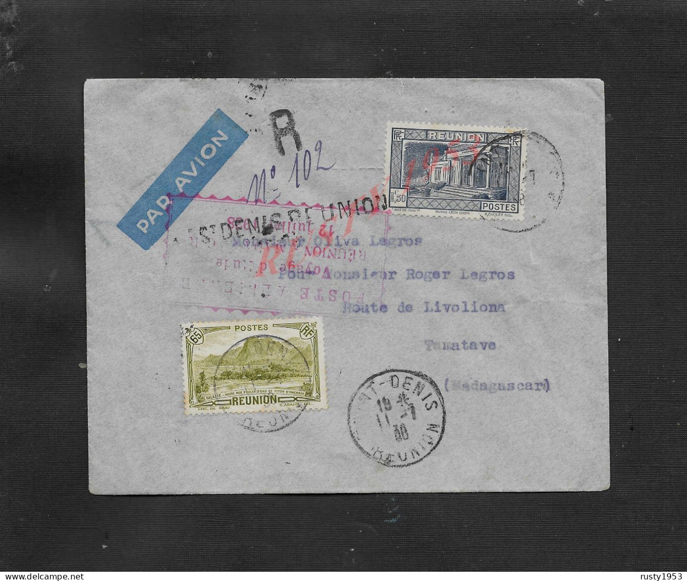 LA RÉUNION LETTRE EN R CACHET St DENIS AVEC GRIFFE POSTE AÉRIENNE ETUDE RÉUNION MADAGASCAR TANANARIVE1938 : - Storia Postale