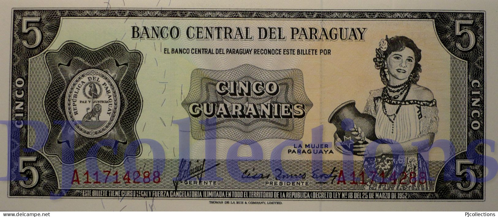 PARAGUAY 5 GUARANIES 1952 PICK 195a UNC - Paraguay