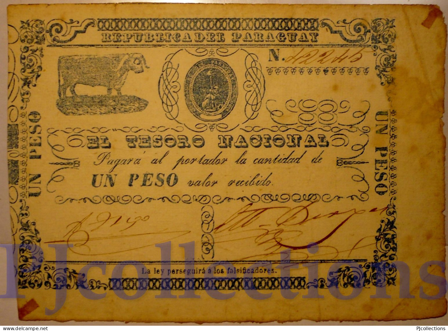 PARAGUAY 1 PESO 1865 PICK 21 VF W/PRINT MOVED TO THE LEFT - Paraguay