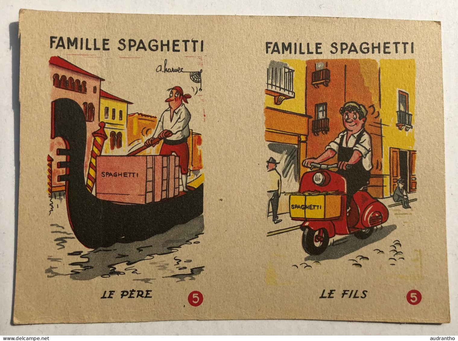 Scooter Vespa - 2 Cartes Anciennes à Jouer Famille Spaghetti - Illustrateur André HARVEC - Moto