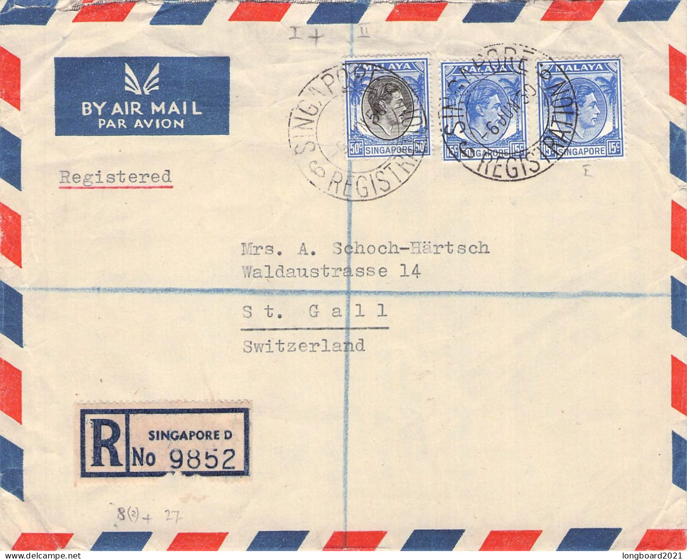 SINGAPORE - REGISTERED AIR MAIL 1950 - ST. GALLEN/CH / *274 - Singapour (...-1959)