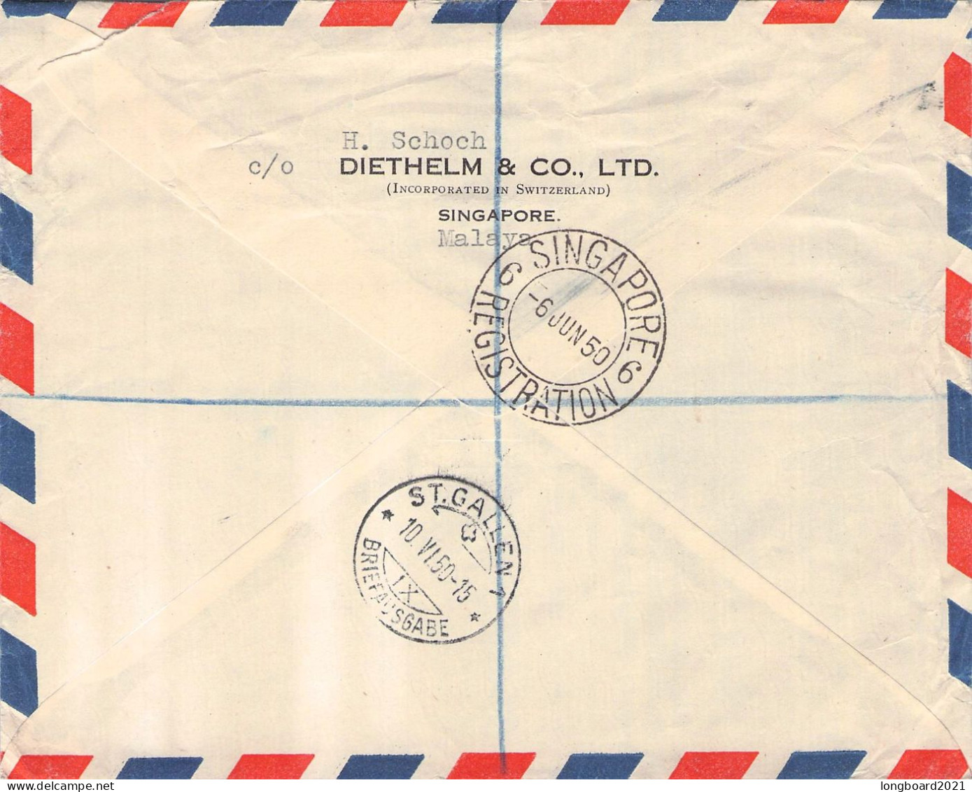SINGAPORE - REGISTERED AIR MAIL 1950 - ST. GALLEN/CH / *274 - Singapour (...-1959)