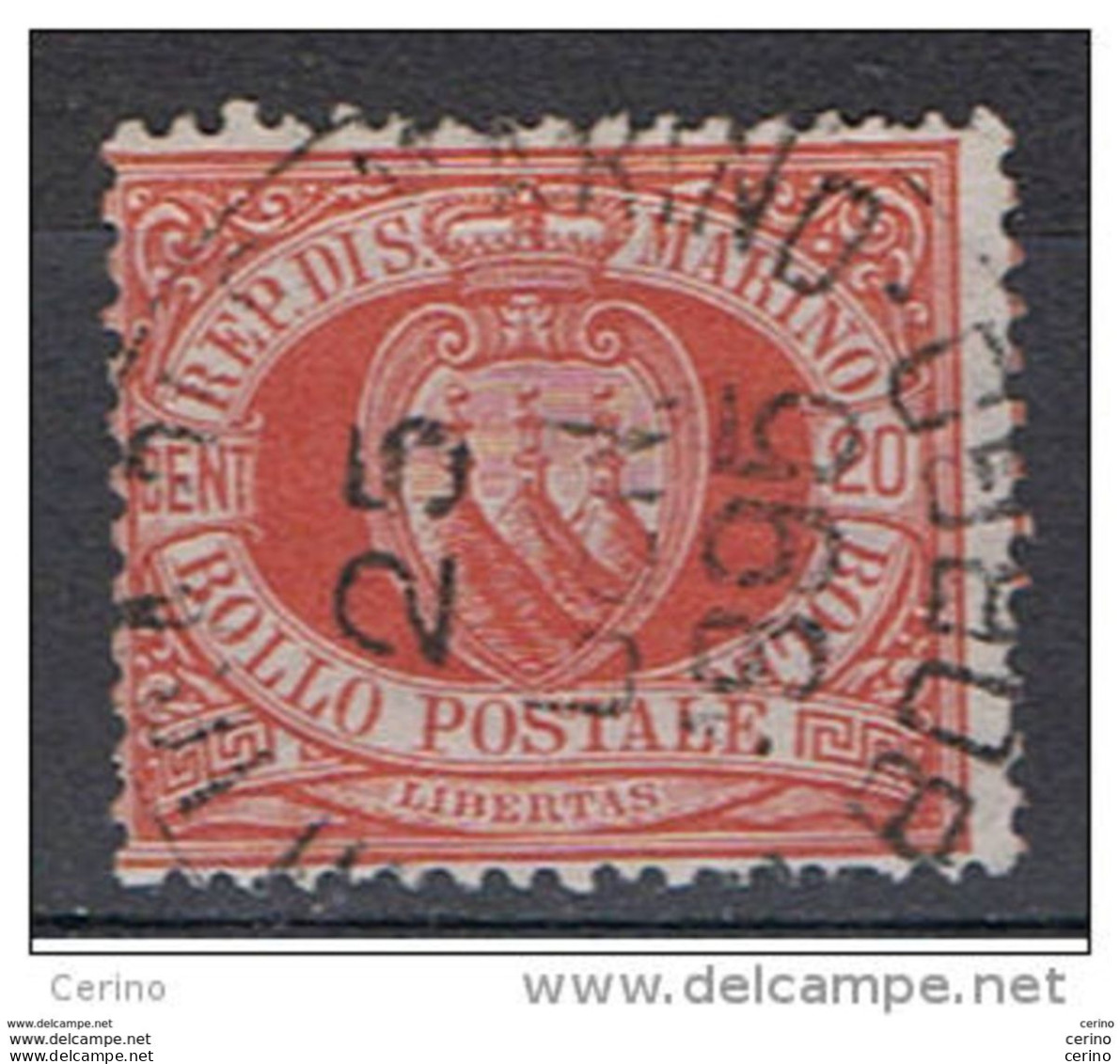 SAN  MARINO:  1877  STEMMA  -  20 C. VERMIGLIO  US. -  SASS. 4 A - Used Stamps