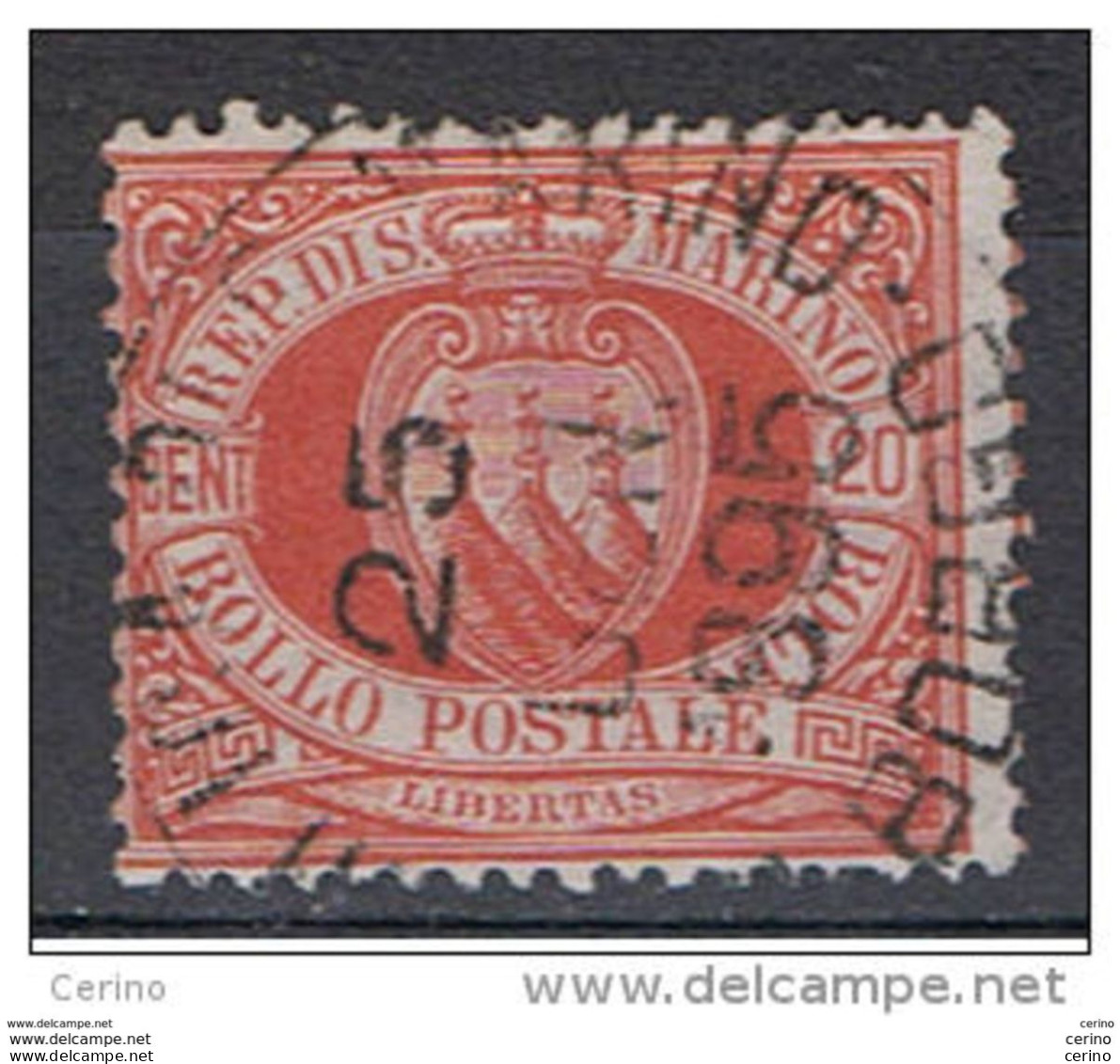 SAN  MARINO:  1877  STEMMA  -  20 C. VERMIGLIO  US. -  SASS. 4 A - Gebruikt