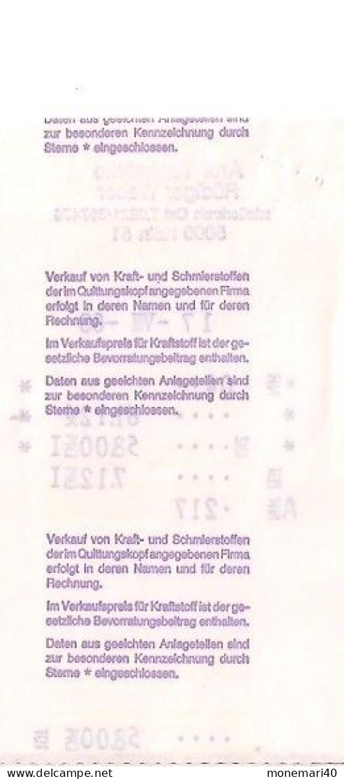 TICKET DE STATION D'ESSENCE ARAL (TANKSTELLE) - RÜDIGER WEBER - KÖLN. - 1950 - ...