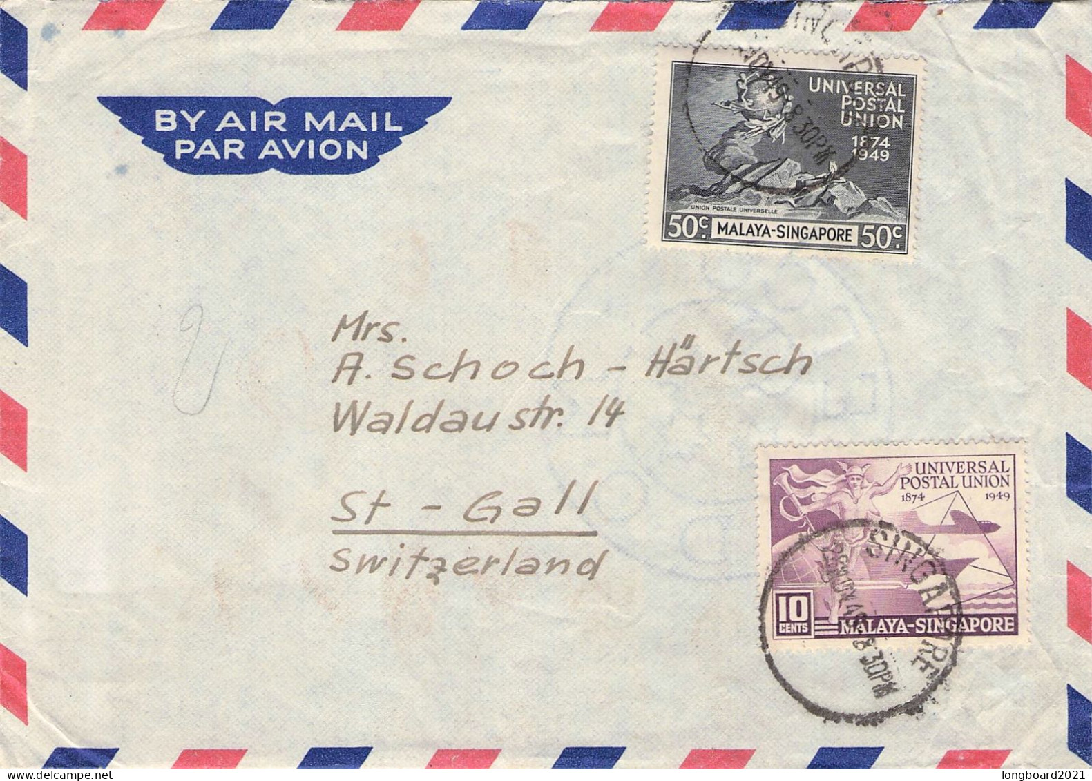 SINGAPORE - AIR MAIL 1949 - ST. GALLEN/CH / *278 - Singapur (...-1959)