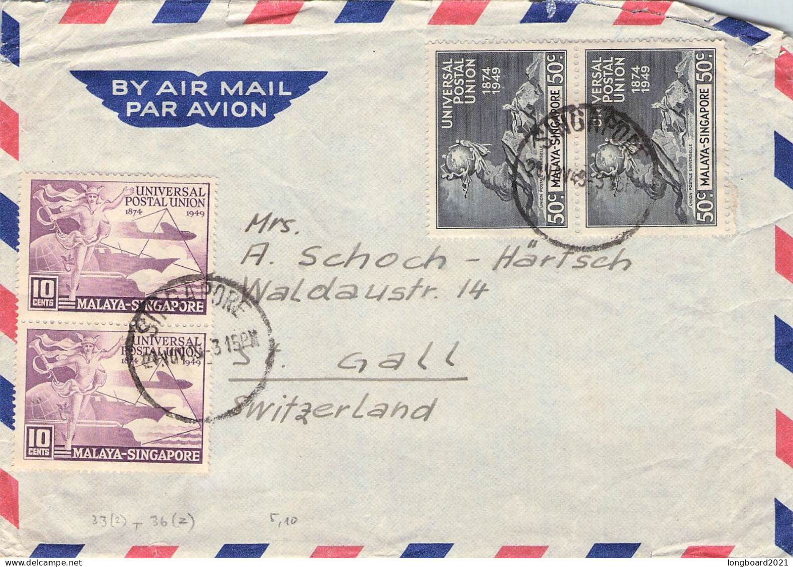 SINGAPORE - AIR MAIL 1949 - ST. GALLEN/CH / *279 - Singapore (...-1959)