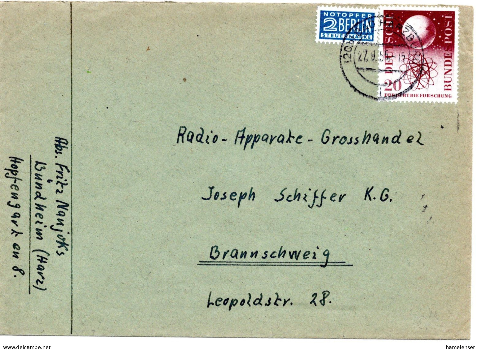 58861 - Bund - 1956 - 20Pfg Forschung EF A Bf BAD HARZBURG -> Braunschweig - Lettres & Documents