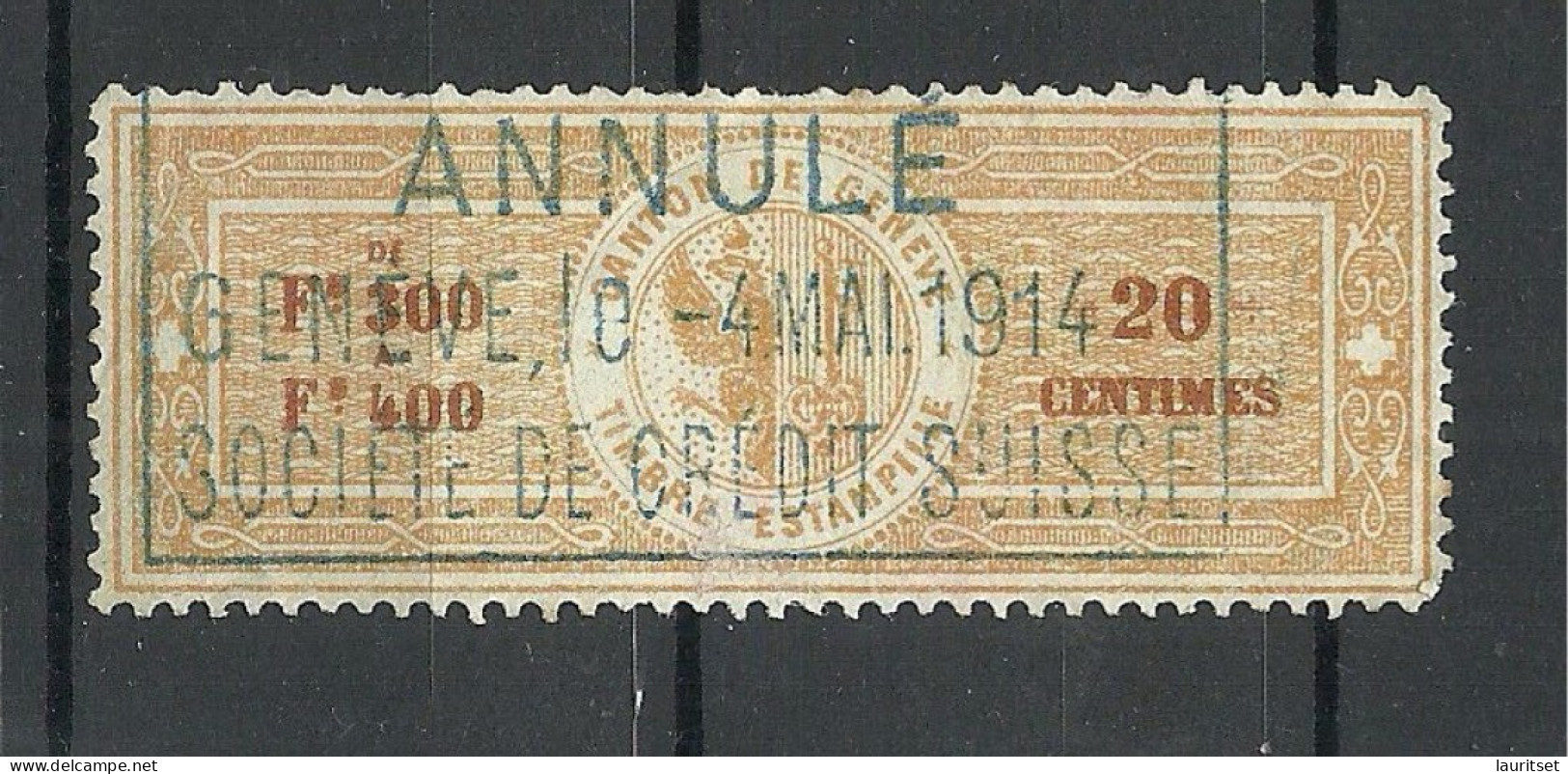 SCHWEIZ Switzerland O 1914 Canton De Genève Timbre Estampillé Revenue Tax Steuermarke - Fiscaux
