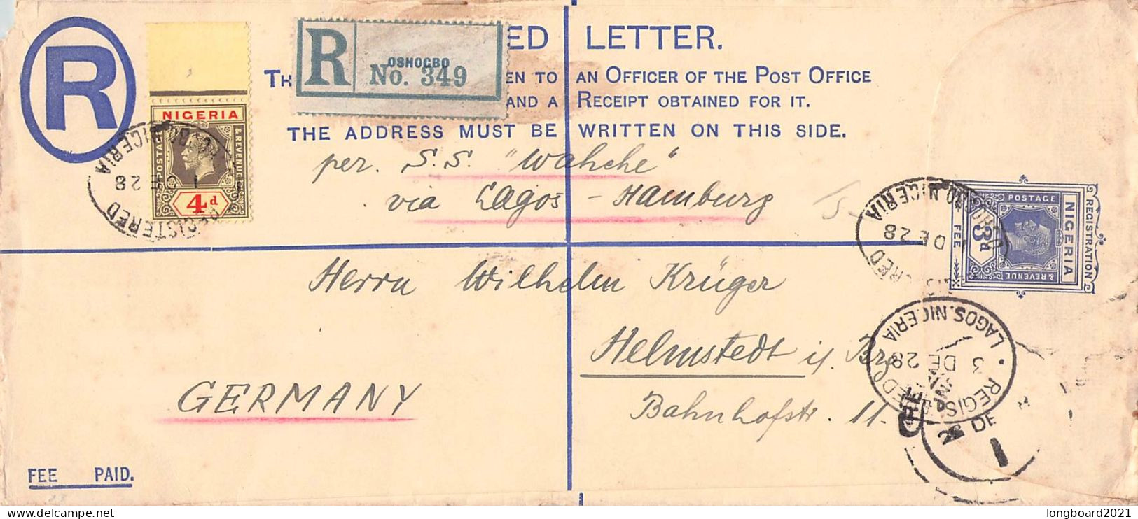 NIGERIA - REGISTERED LETTER 1928 OSHOCBO - HELMSTEDT/DE / *289 - Nigeria (...-1960)