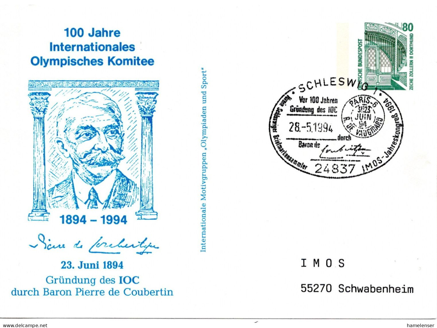 58869 - Bund - 1994 - 80Pfg SWK PGAKte "100 Jahre IOC" SoStpl SCHLESWIG - 100 JAHRE IOC ... -> Schwabenheim - Sonstige & Ohne Zuordnung