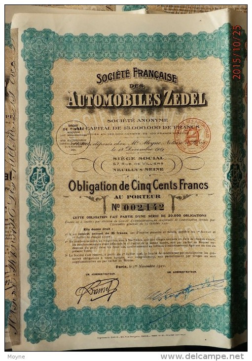 1 Action  Société Francaise Des AUTOMOBILES  ZEDEL - OBLIGATION  De CINQ CENT FRANCS AU PORTEUR  1919  Rares - Automobile