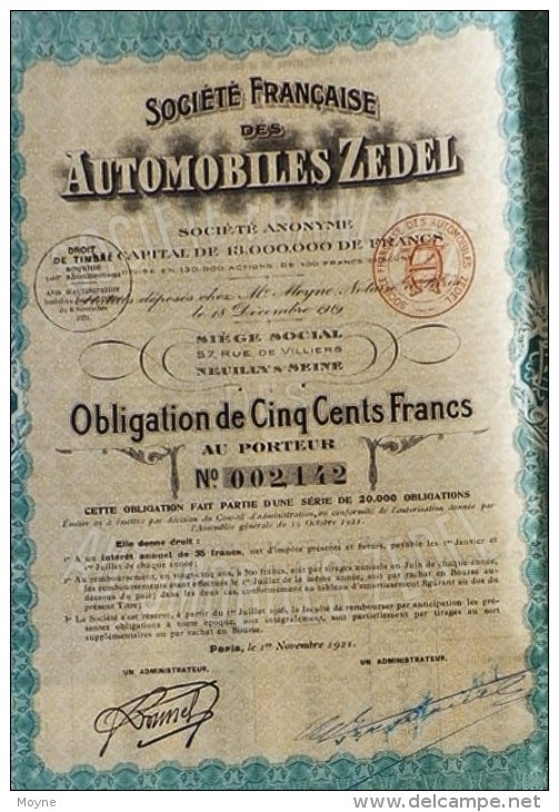 1 Action  Société Francaise Des AUTOMOBILES  ZEDEL - OBLIGATION  De CINQ CENT FRANCS AU PORTEUR  1919  Rares - Cars