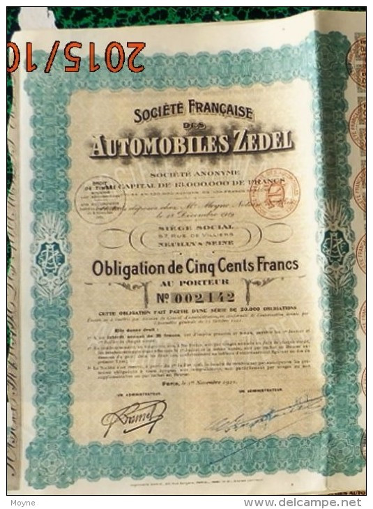 1 Action  Société Francaise Des AUTOMOBILES  ZEDEL - OBLIGATION  De CINQ CENT FRANCS AU PORTEUR  1919  Rares - Cars