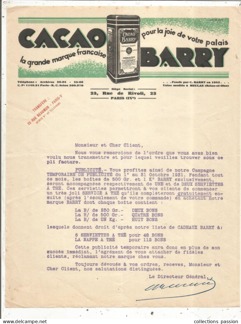 COURRIER COMMERCIAL , CACAO BARRY, Paris, Usine Modéle à Meulan, 1931,  Frais Fr 1.65e - Lebensmittel