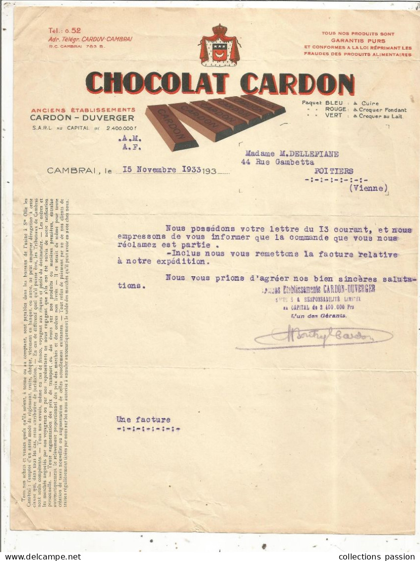 Lettre Commerciale, CHOCOLAT CARDON, CAMBRAI, 1933, Frais Fr 1.75 E - Food