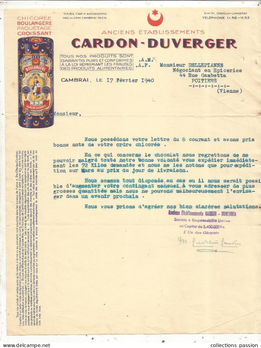 Lettre Commerciale, CHOCOLAT CARDON-DUVERGER, CAMBRAI, 1940, Frais Fr 1.75 E - Levensmiddelen