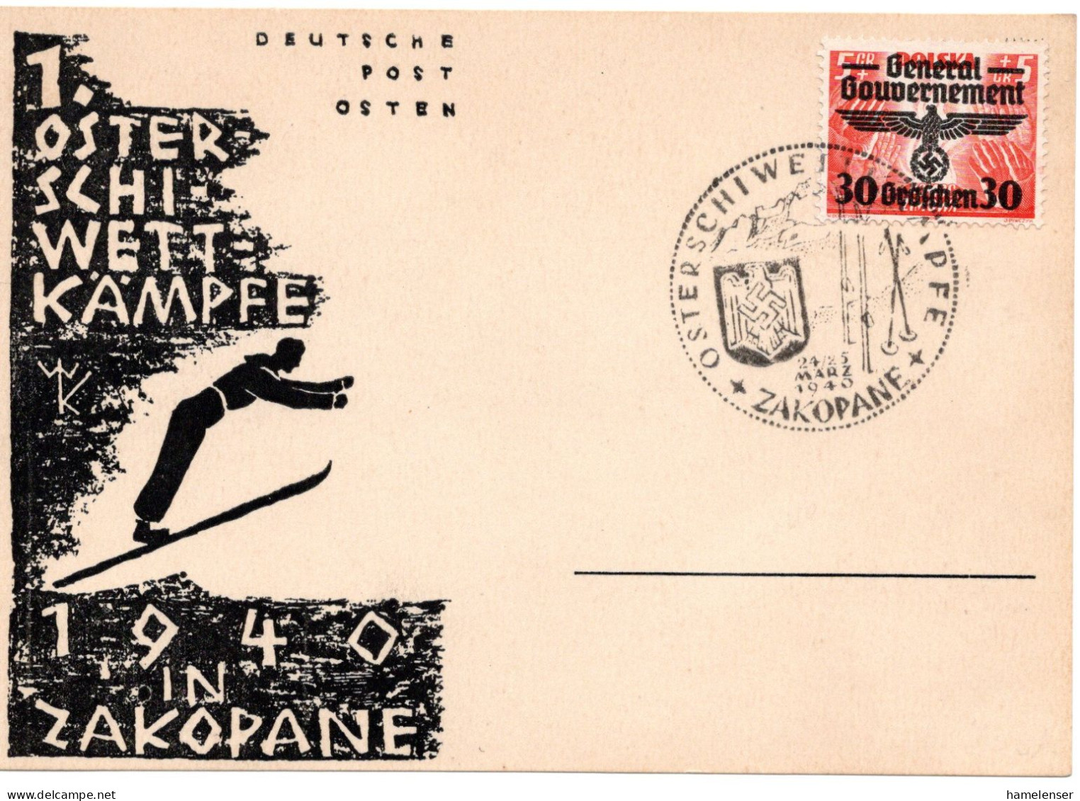 58916 - Deutsches Reich / Generalgouvernement - 1940 - 30gr/5gr EF A Kte SoStpl ZAKOPANE - OSTERSCHIWETTKAEMPFE - Skiing