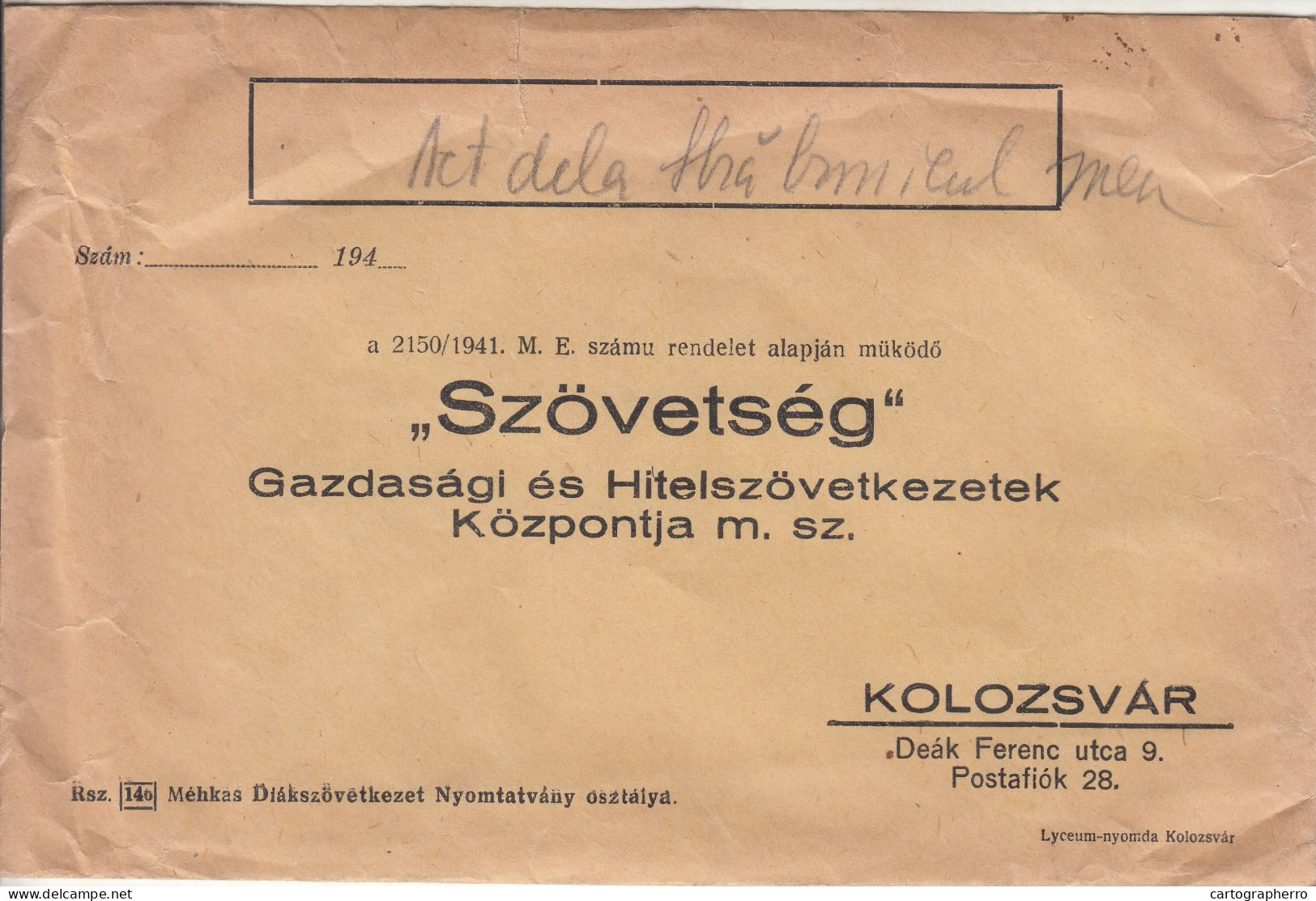 Romania Kolozsvar "Szövetség" 1940`s - Storia Postale Seconda Guerra Mondiale