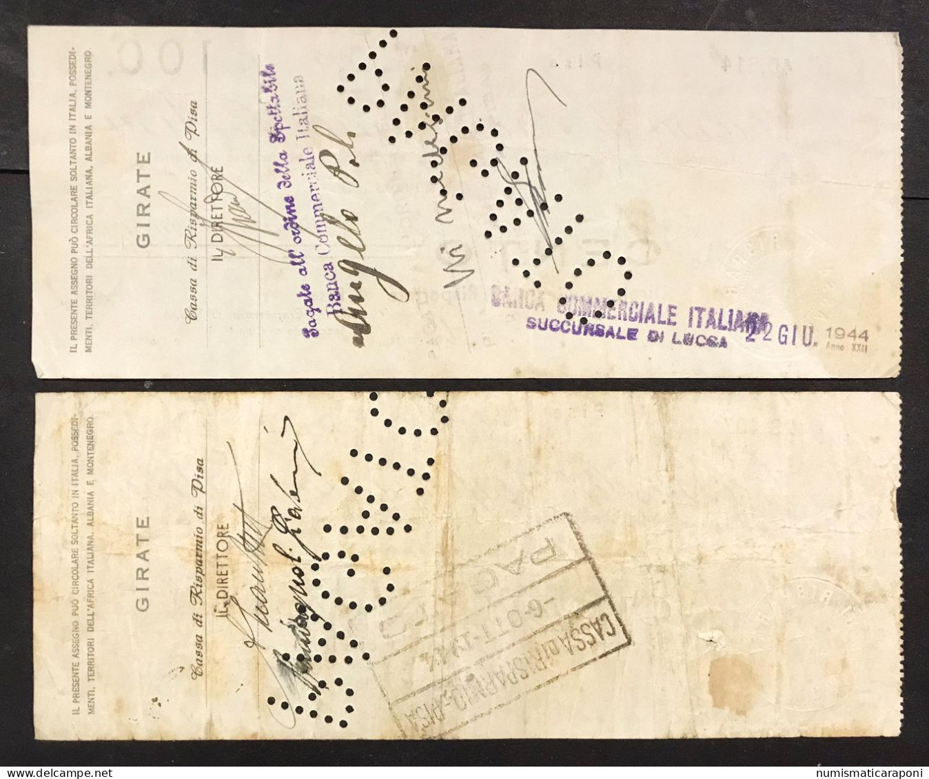 50+100 LIRE RSI CASSA DI RISPARMIO DI PISA 1944 ASSEGNO A TAGLIO FISSO LOTTO 1105 - Autres & Non Classés