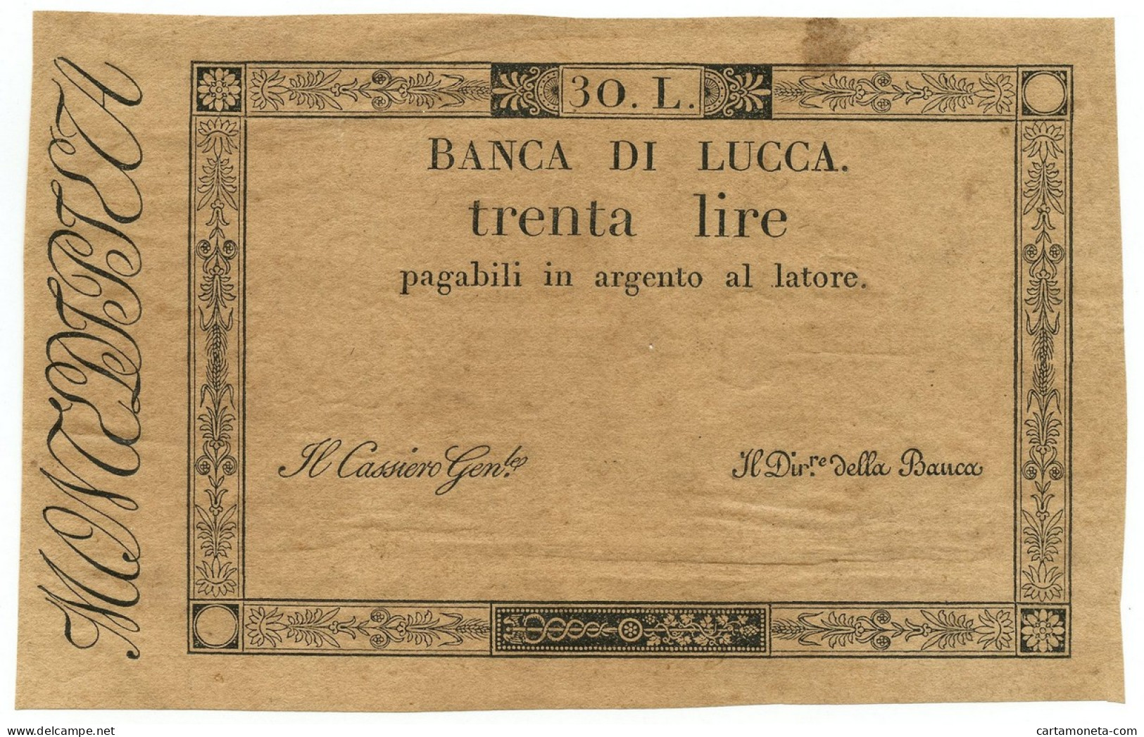 30 LIRE NON EMESSO BANCA DI LUCCA PRINCIPATO DI LUCCA E PIOMBINO CIRCA 1813 SUP - Autres & Non Classés