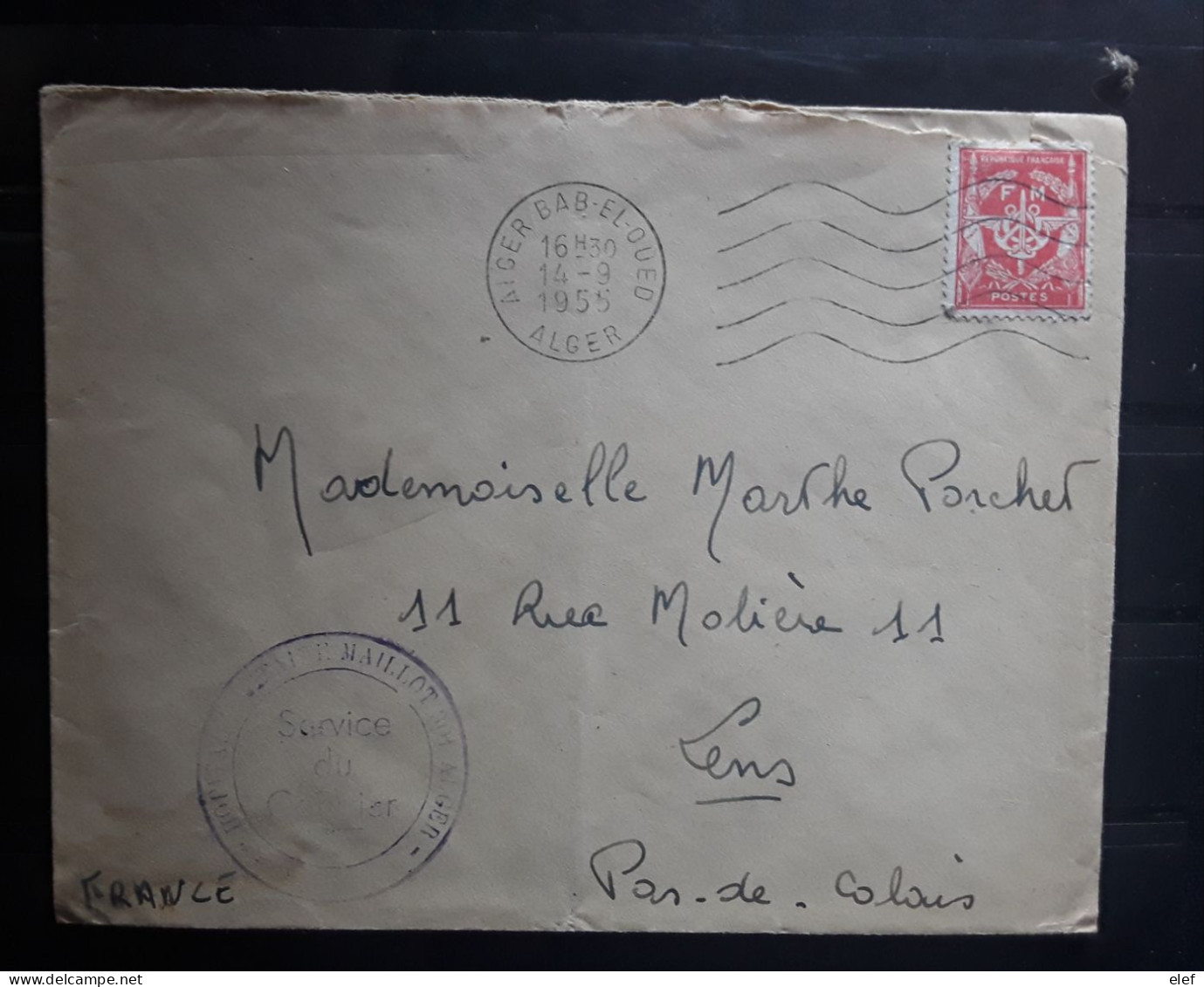 Algérie Lettre FM Guerre ALGER BAB EL OUED, Yvert No 12, Cachet Vaguemestre HOPITAL MAILLOT,1955 > LENS Pas De Calais - War Of Algeria