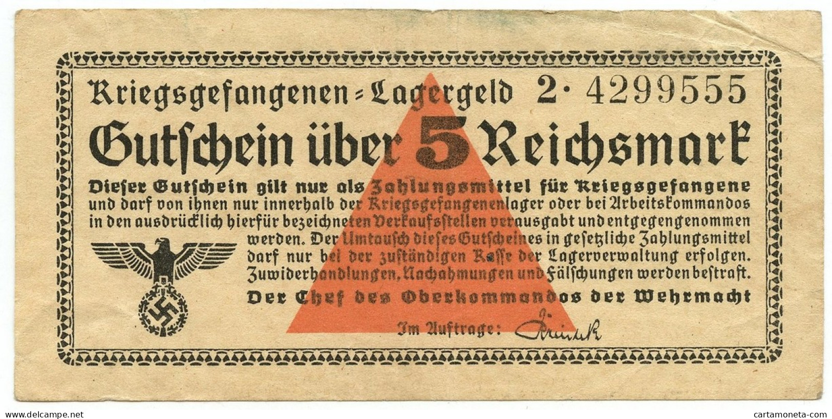 5 REICHSMARK PRIGIONIERI DI GUERRA WWII GERMANIA LAGERGELD 1939-1945 BB/BB+ - Sonstige & Ohne Zuordnung